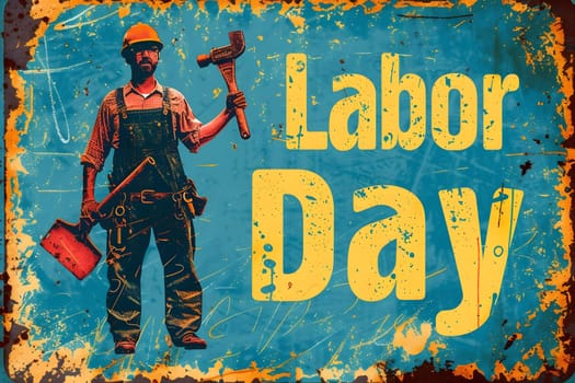 A vintage-style illustration of a worker holding tools with a happy labor day message.