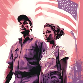 Two workers, a man and a woman, stand in front of a US flag in a construction site.