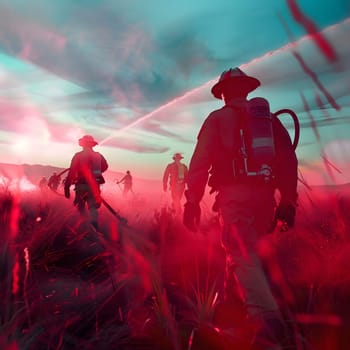 Firefighters walk through smoke and flames, their silhouettes standing out against the bright red sky, a symbol of courage and dedication.