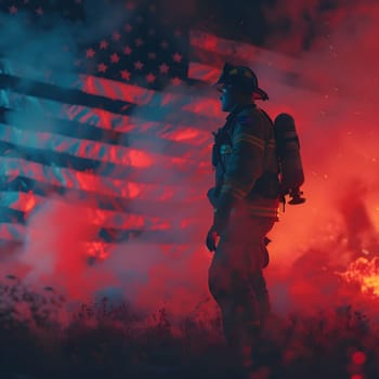 A firefighter stands in front of the American flag, backlit by smoke and flames.