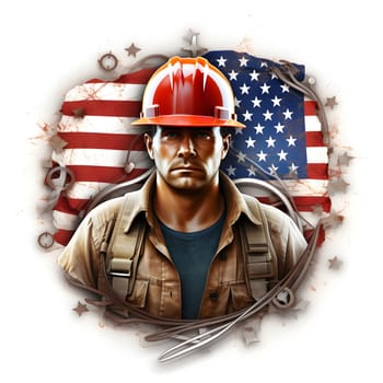 A portrait of a construction worker wearing a hard hat, standing in front of the American flag, symbolizing American labor and hard work.