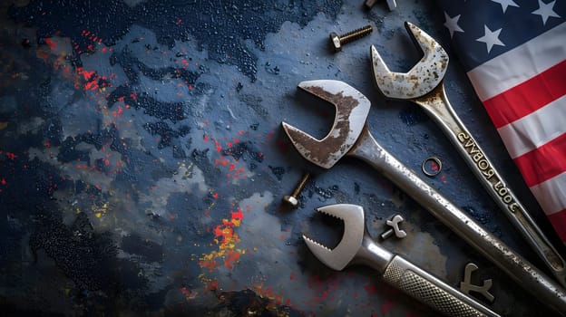 Worn wrenches and an American flag, symbolizing hard work and the American spirit.