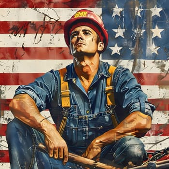A portrait of a man wearing a hard hat and denim overalls standing in front of an American flag.