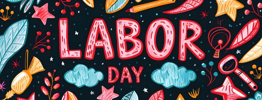A colorful graphic design celebrating Labor Day with doodles of stars, leaves, clouds, and more.