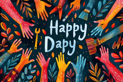 Colorful illustration of hands reaching up towards the text "Happy Dapy", celebrating the joy and togetherness of a special day.