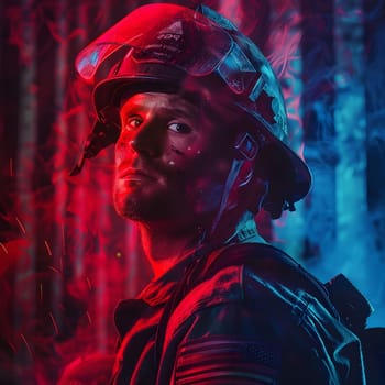 A close-up portrait of a soldier in a helmet with red and blue lighting in the background. He looks determined and focused.
