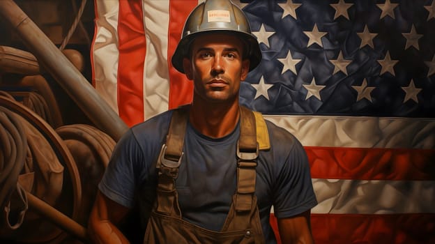 A portrait of a worker in front of an American flag, he wears a blue collar, overalls, and a hard hat