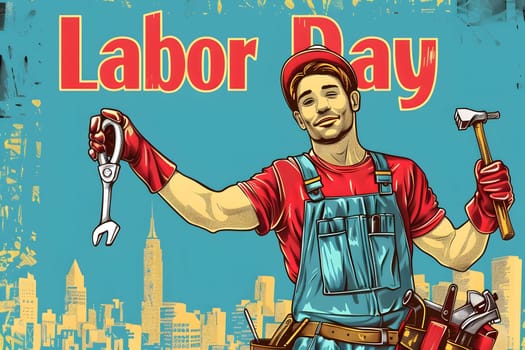 A happy worker holding a wrench and hammer, celebrating Labor Day with a cityscape in the background.