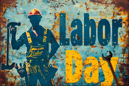 A rusty metal sign depicting a worker in a hard hat holding a wrench with a Labor Day message.