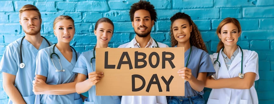 A group of diverse medical professionals, doctors, and nurses, celebrate Labor Day together in a hospital setting. They are holding a sign that says "Labor Day" and smiling joyfully.