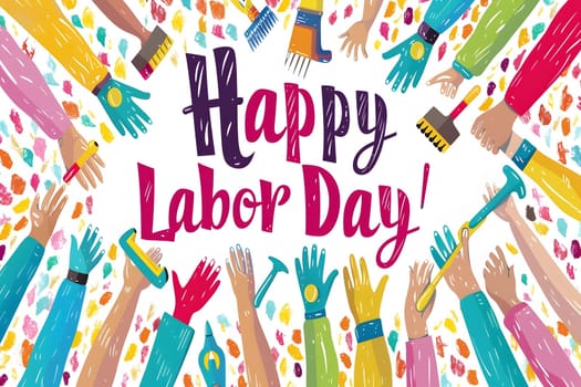 A colorful illustration of hands holding tools with a happy labor day message.