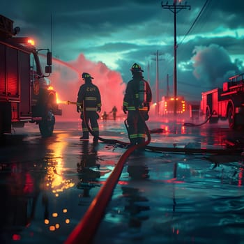 Two firefighters standing at the scene of an accident. One of the firefighters is standing next to a firetruck and is connected to a long red hose. The other firefighter is standing in the street looking at the camera.