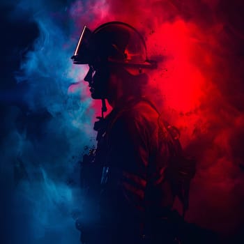 Silhouette of a firefighter standing in a smoke-filled environment.