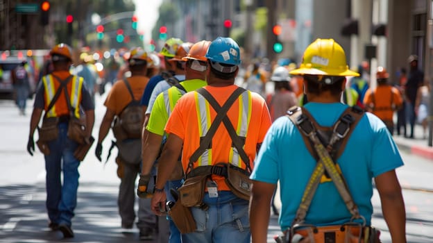 A group of construction workers in safety vests and hard hats walking on a city street. They are part of a crew working on a construction project.