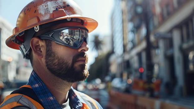 A construction worker in a hardhat and protective goggles stands in a city street, looking focused and ready to work.