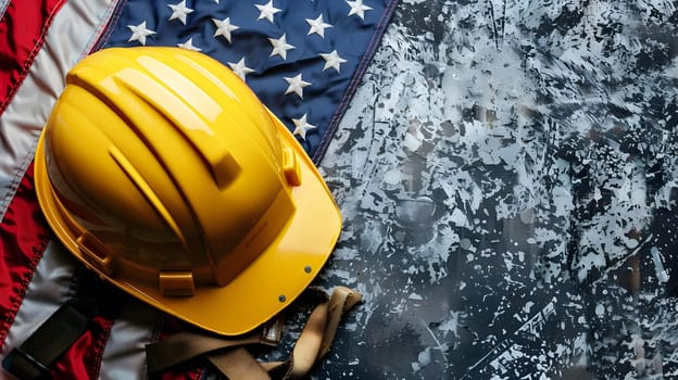 A yellow hard hat rests on the American flag, representing hard work and dedication.