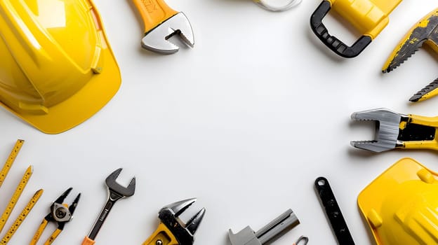 A flat lay image of construction tools arranged around a white background, including wrenches, a hammer, a helmet, and other tools