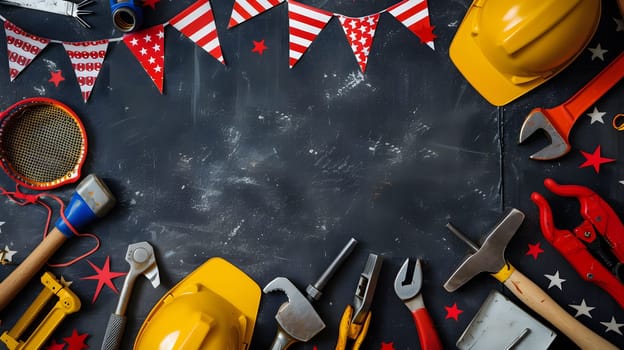 A variety of tools arranged around a black background, surrounded by patriotic red, white, and blue decorations for Labor Day.