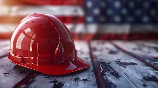A red hard hat sits on a wooden table with a blurred American flag in the background. It symbolizes labor and hard work, and the American flag highlights the patriotic theme.