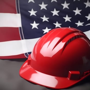 A red hard hat resting on an American flag. The hard hat is a symbol of construction, work, and safety. The flag represents the United States of America and its values of freedom and liberty.