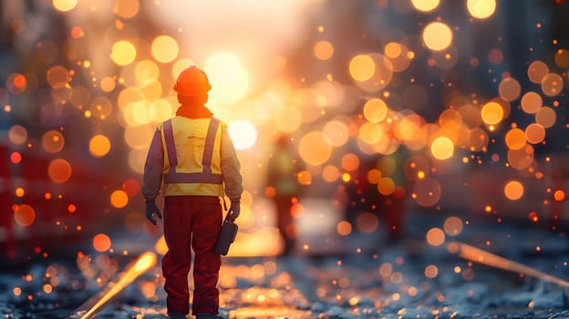 A construction worker in a safety vest and helmet stands on a construction site, looking at the bright city lights in the distance. The image captures the hard work and dedication of construction workers and their importance in building our cities and towns. The bokeh effect adds to the feeling of hope and progress.
