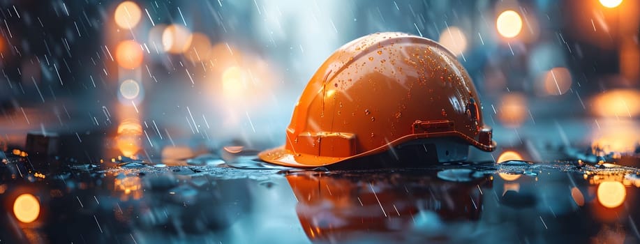 An orange construction helmet is lying in a puddle on a city street during a heavy downpour. The lights of passing cars create a blurry backdrop.