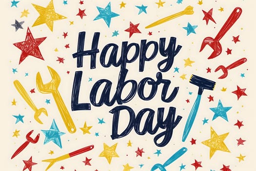 A Happy Labor Day greeting card with stars and tools surrounding the greeting