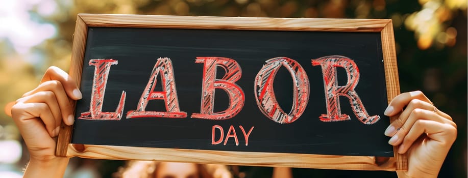 A closeup of a chalkboard sign with the words 'Labor Day' written in red chalk. The sign is being held up by two hands.
