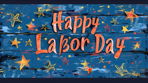 A blue wood board with a painted message 'Happy Labor Day' with stars painted around it.