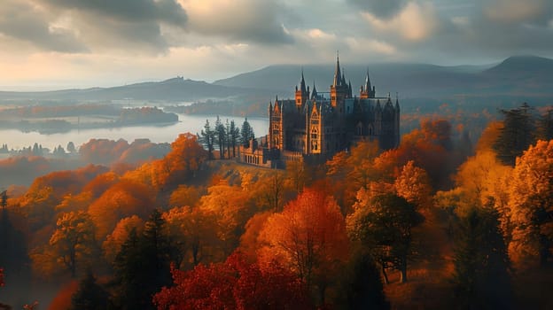 A majestic castle stands tall amidst a breathtaking autumn landscape, with vibrant foliage, misty valleys, and a shimmering lake in the distance, creating an enchanting scene.