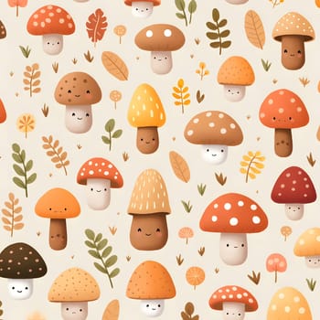 A cute cartoon mushroom pattern with smiling characters and autumnal leaves
