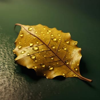 A single autumn leaf, golden in color, with water droplets clinging to its surface. The close-up shot reveals the intricate details of the leaf's texture and veins.