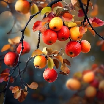 A cluster of ripe apples hangs from a tree branch, showcasing the vibrant colors of autumn. The red and yellow hues of the apples are beautifully contrasted by the green leaves and the soft, out-of-focus background.