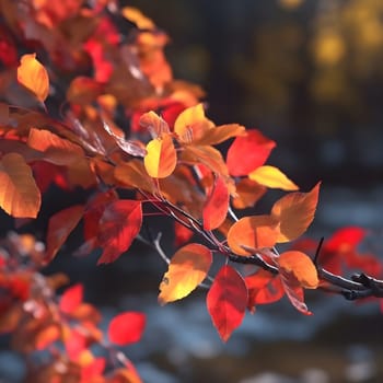Close-up of colorful autumn leaves on a branch, bathed in sunlight.