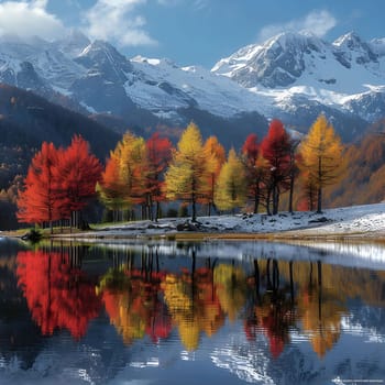 A stunning autumnal scene with colorful trees reflected in a serene lake, surrounded by snow-capped mountains.