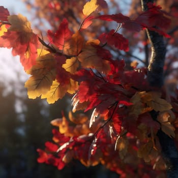 Close up photo of a red and yellow autumn leaf on a branch of a tree.