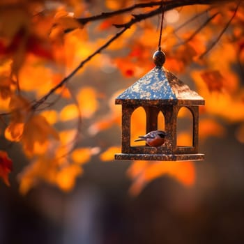 A small brown bird is sitting inside a bird feeder hanging on a tree branch, the background is blurry autumn leaves in orange and yellow.