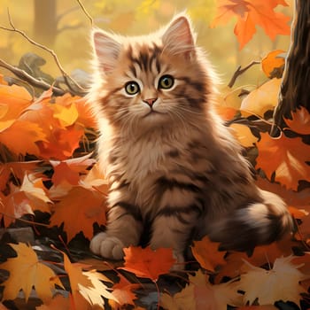 A cute brown and white kitten sitting in a bed of colorful autumn leaves. The kitten is looking up with bright eyes, surrounded by vibrant fall colors.