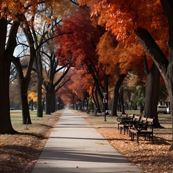 A scenic path in a park during the autumn season, with vibrant red, orange, and yellow leaves on the trees.