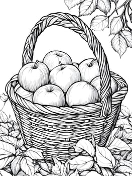 A basket filled with apples, drawn in black and white line art style.