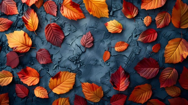 A flat lay composition of colorful autumn leaves arranged on a dark blue surface, showcasing the rich colors and textures of the season.