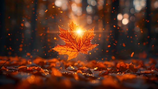Single maple leaf floating in the air with blurry background of fall foliage