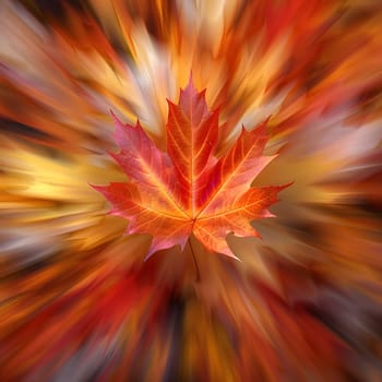 A single vibrant red maple leaf against a blurred background of autumn colors. The leaf is in focus, capturing its intricate details and showcasing the beauty of fall foliage.