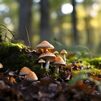 Close-up of mushrooms growing in a forest, surrounded by autumn leaves and moss.