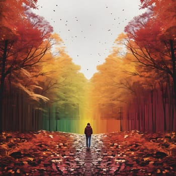 A lone figure walks down a pathway through an autumnal forest, the trees ablaze with vibrant colors. The sunlight illuminates the leaves, creating a golden glow.