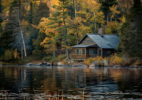 A picturesque cabin nestled amongst a vibrant autumn forest, its reflection shimmering on the tranquil surface of a serene lake.