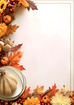 A close-up of an autumnal table setting with a white plate and a decorative gourd surrounded by fall leaves, pumpkins, and flowers