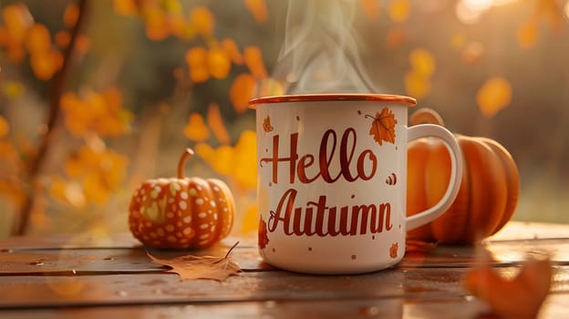 A white mug with the words 'Hello Autumn' on it is steaming and sitting on a wooden table with pumpkins and fall leaves.