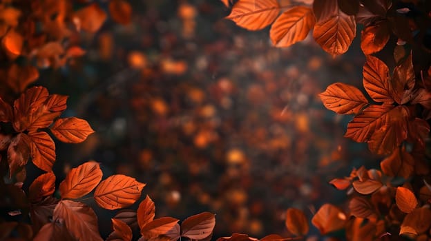 A close up of red, orange, and brown leaves in a forest during autumn.
