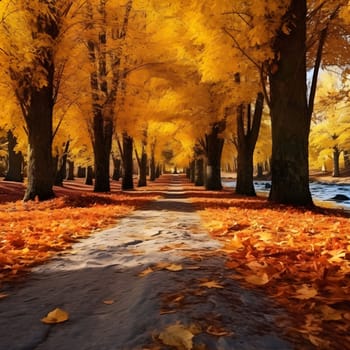A path through a golden autumn forest. The leaves are vibrant yellow, and the trees are tall and reaching up into the sky. The path leads through the forest to a clearing in the distance.